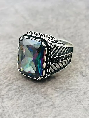 Men Mystic Topaz Multi Color Square Stone 925 Sterling Silver Ring Gift For Him • $55.30