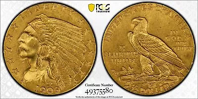 1909 $2 1/2 Gold Indian Head PCGS Certified MS-62 Quarter Eagle 5580 • $1092.50