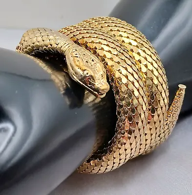 Whiting & Davis Snake Bracelet Vintage Gold Plated Triple Coil Mesh Wrap • $195