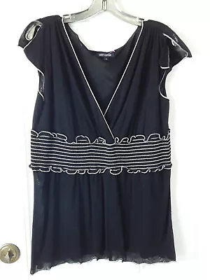 Max Edition Size L Black Sheer Nylon Top W/cream Smocking And Trim V Neck DW535 • $10