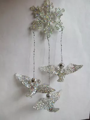 Vintage Plastic Glitter Snowflake Birds Dangling Mobile Christmas Tree Ornament • $4.99