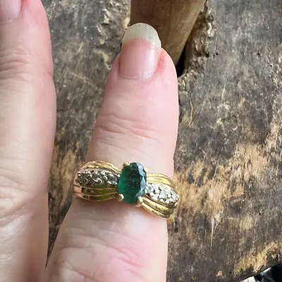 Vintage 14k Gold .23ct Oval Columbian Emerald Diamond Draped Pretty Ring Size 6 • $499.99