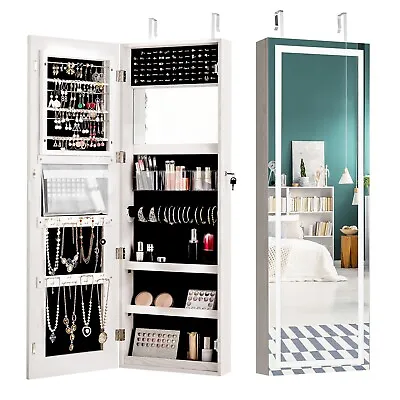 Lockable Jewelry Storage Cabinet Wall-mounted LED Jewelry Armoire W/Full Mirror • £87.95