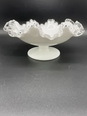 Vintage Fenton Silver Crest Pedestal Bowl Milk Glass Footed Ruffled Edge Bowl 8” • $14