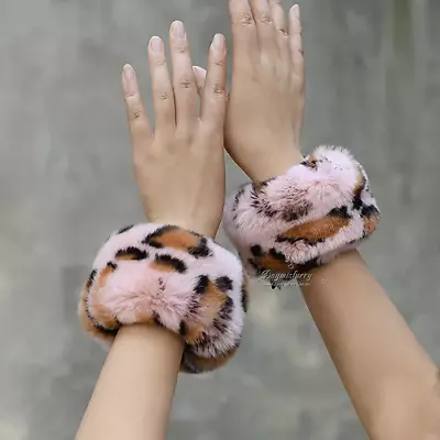 Slap On Rex Rabbit Fur Cuffs Bracelets In Leopard Print • $41.06
