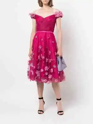 $695 NEW Marchesa Notte Off Shoulder Dress Ombre 3D Flower Fuchsia Pink 0 4 8 12 • $415