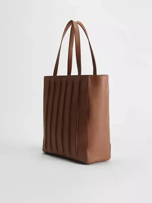 £450 • Buy Max Mara  - Whitt Tote - Large Tan Brown Leather Striped Shoulder Bag *New&Tags*