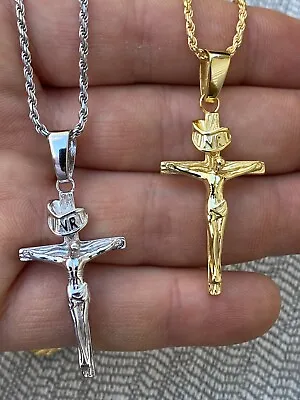 Real Solid 925 Sterling Silver Plain Inri Cross Jesus Crucifix Pendant Necklace • $65.05