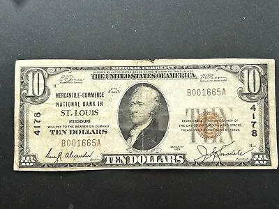 1929 $10 National Currency Mercantile Commerce National Bank St Louis Missouri • $55