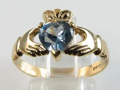 CLASSIC 9K 9CT GOLD IRISH AQUAMARINE 6mm X 6mm HEART CLADDAGH RING FREE RESIZE • $354