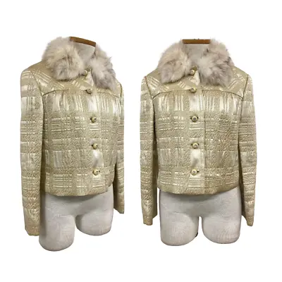 Vtg VIntage 1960s 60s Old Hollywood Glam Gold Metallic Brocade Fox Fur Trim Coat • $175