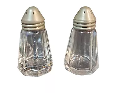 Vintage Clear Glass Bevelled Salt And Pepper Shakers Stainless Steel Screw Tops • $8.99