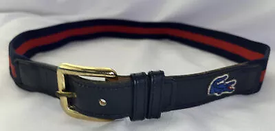 Lacoste Vintage Blue Red Stretch Fabric Leather Trim Skinny Belt Size 32 • £24.33