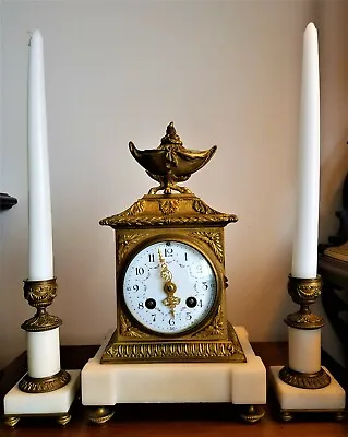 £350 • Buy Antique French Ormolu & White Stone Mantel Clock Garniture.