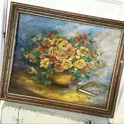 Vintage Flower Painting Blues Greens Floral Wood Frame Canvas Board Horizontal • $125