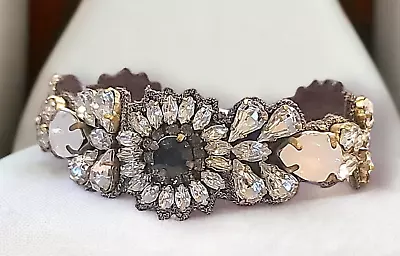 Vintage Black Opal And Clear Rhinestone Suede Band Cuff Bracelet • $12.99