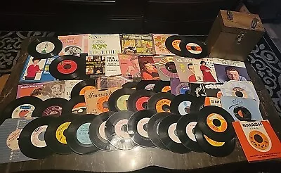 50 Vinyl Records 7  45s RPM Vintage Lot # With Metal 45 Holder • $50