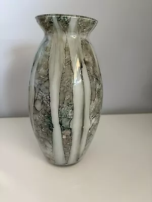 Hand Blown Reverse Painted Thin Art Glass Vase Approx 10”x 5” White/Gray/Green • $25