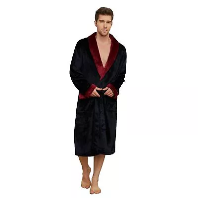 U2SKIIN Mens Fleece Robe Plush Collar Shawl Bathrobe(Black/Dark RedL/XL) • $43.45