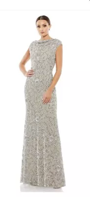 New MAC DUGGAL 93537 EMBELLISHED COWL BATEAU NECK CAP SLEEVE LIGHT GREY GOWN  12 • $398