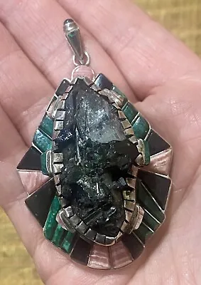 Native? Mexican? Sterling Silver Inlay Pendant Artisan Black Tourmaline  • $425