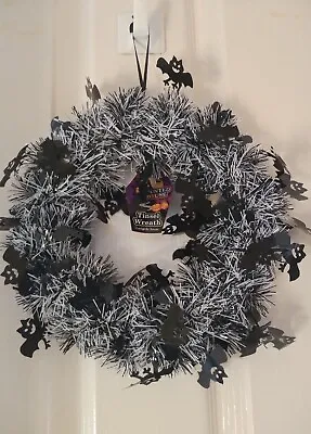 24 Cm Halloween Tinsel Wreath Hanging Door  Wall Decoration Black White Bats • £6.99