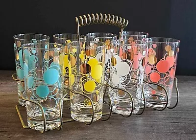 Lot Of 8 Vintage MCM Polka Dot Gold Swirl High Ball Bar Glasses Barware W/ Caddy • $78.50