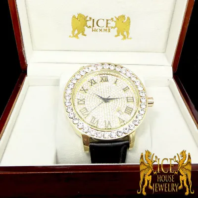 Lab Simulated Diamond Mens XL Big Face Yellow Gold Tone Fuly Icy Wrist Watch New • $159.99