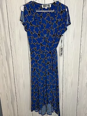 NWT Vicky Tiel Royal Blue Leaf Print Short Sleeve Wrap Dress Size Medium • $25.99