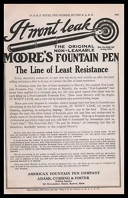 1912 Moore's Non-Leakable Fountain Pen Adams Cushing And Foster Boston Print Ad • $19.95