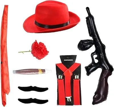 Gangster Accessory Pack ✅ Moustache Mobster Hat Gun Fancy Dress Red Black 🚚💨 • £10