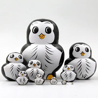 10pcs Handmade Wooden Penguin Russian Nesting Dolls Matryoshka Wooden Toys • £13.79