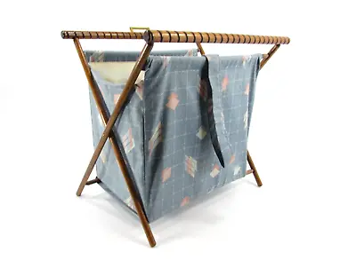 Vintage Knitting Sewing Caddy Basket Yarn Bag Folding Wood Frame Blue MCM • $34.95