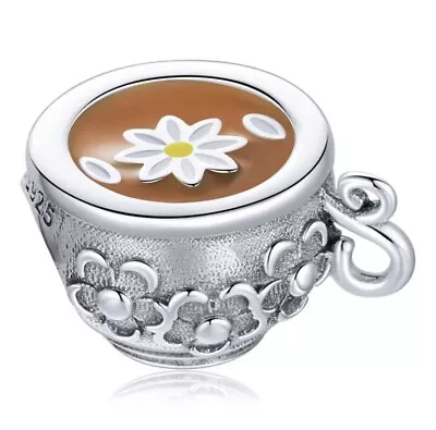 💖 Retro Flower Tea Cup Charm Bead Tea Lover Genuine 925 Sterling Silver 💖 • £16.95