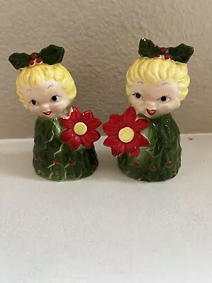 $9.99 • Buy Vintage Japan “Holt Howard Style” Holly Girls Poinsettia Salt & Pepper Shakers