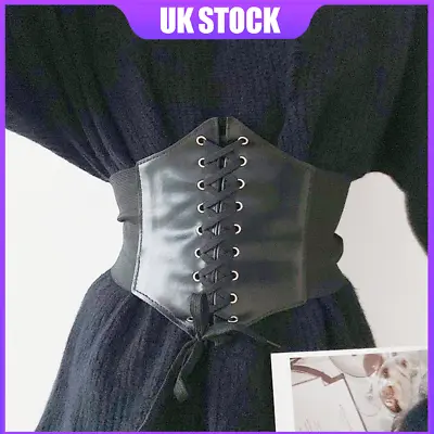 Black Ladies  Waist Cincher Wide Band Elastic Tied Waspie Corset Leather Belt UK • £3.50