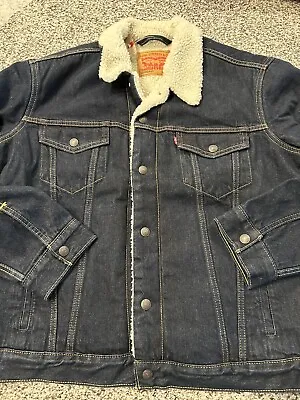 Levi's Sherpa Jacket Mens Xlg  Blue Denim Trucker Jacket Dark Juniper New • $39.99