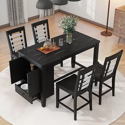5-piece Solid Wood Dining Table Set W/ Marble Tabletop With Storage Cabinet • $1028.39