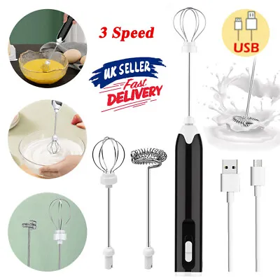 £9.79 • Buy 3 Speed Electric Milk Frother Double Whisk Mixer Stirrer Egg Beater Rechargeable
