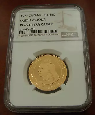 Cayman Islands 1977 Gold $50 NGC PF69UC Queen Victoria • $550