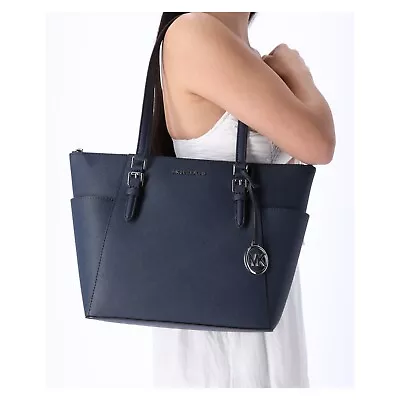 Michael Kors Charlotte Top Zip Tote Shoulder Bag Navy Saffiano Leather • $99.99