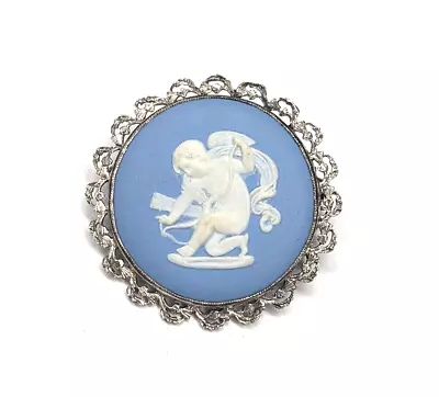 Vintage Wedgwood Jasperware Silver Cupid Pin Made In England Blue Cameo Jewelry • $28.99