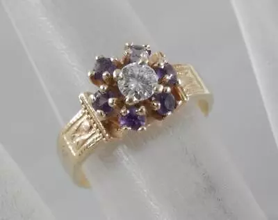 Vintage 14 Karat Gold 1/5 Ct Diamond & Amethyst Flower Halo Ring 14K F1529 • $399.99