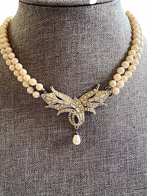 Vintage Faux Pearl Necklace Rhinestone Center Piece Claps 2 Strand Champagne A11 • $19.95