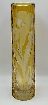 Antique Moser Yellow Cut To Clear Glass Vase Engraved With Iris's - Circa 1920 • $495