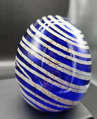 Blown Glass Egg Paperweight Blue Swirls  Stripes Large Felina 3.75  • $27.30