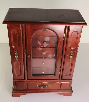 Vintage Etched Glass Wood & Velvet Multi Drawer Vanity Jewelry Box Armoire Chest • $29.50