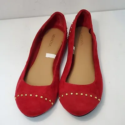 Merona Flats Women Size 6 Red Casual Suede Slip On Summer Shoes Gold Accent • $9.95