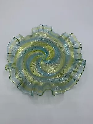 Murano Ruffled Edge Plate In Yellow Green And Clear Ribbons. D • $24