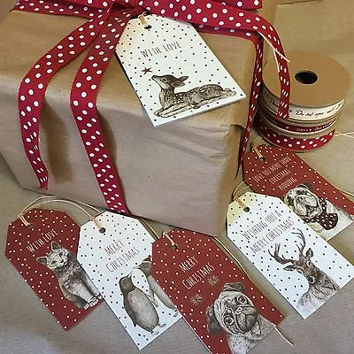 6x East Of India Animal Christmas Gift Tags Quality Vintage Pug Dog Cat Reindeer • £4.29